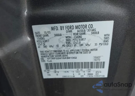 2006 Ford F-150 Stx/Xlt from USA, damaged, VIN 1FTRF02W16KB61302